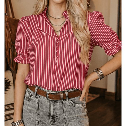 Joselle Red Stripe Ruffled Short Puff Sleeve Button Front Blouse