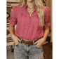 Joselle Red Stripe Ruffled Short Puff Sleeve Button Front Blouse