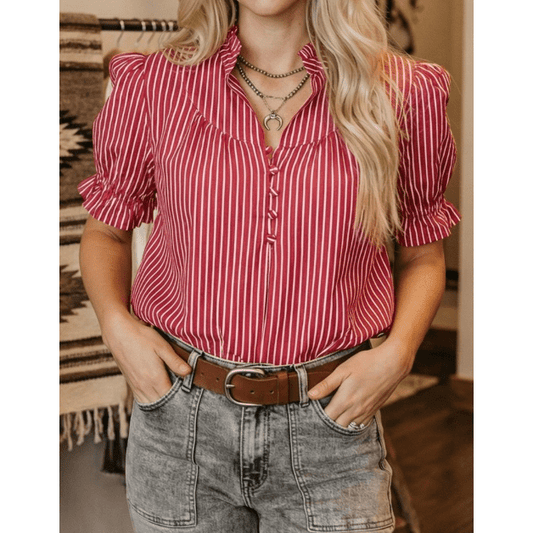 Joselle Red Stripe Ruffled Short Puff Sleeve Button Front Blouse
