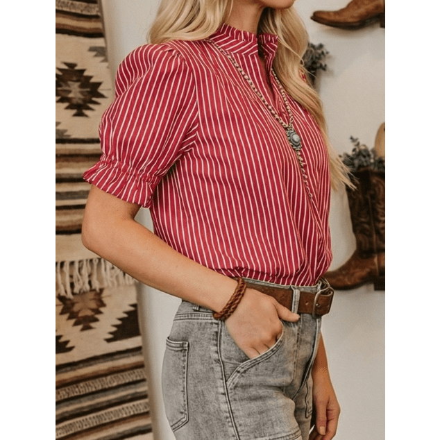 Joselle Red Stripe Ruffled Short Puff Sleeve Button Front Blouse