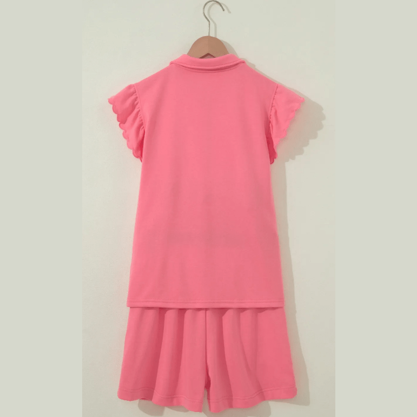 Elleigh Coral Half Zipped Ruffled Short Set