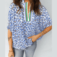 Brea Blue Leopard Color Block Contrast Striped V Neck Half Sleeve Loose Fit Blouse
