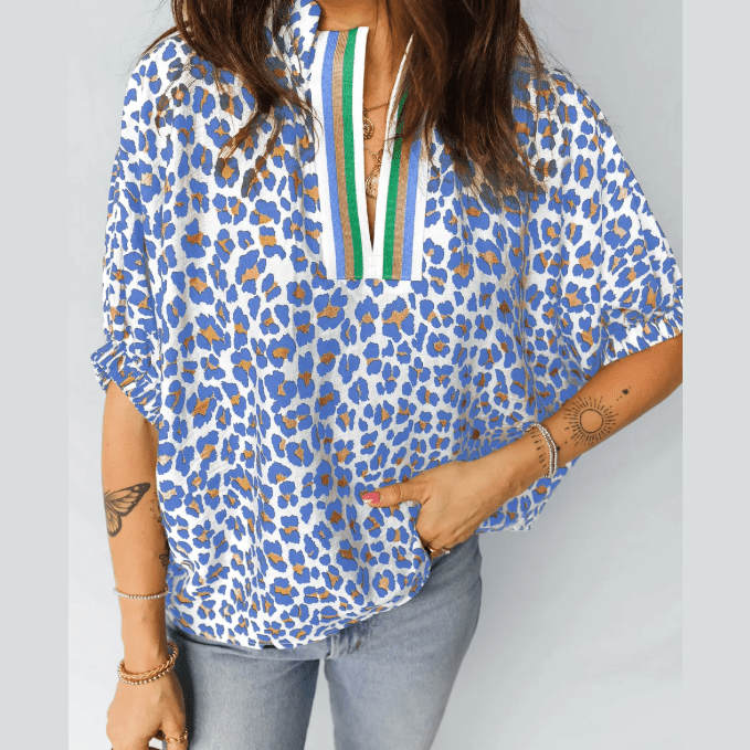 Brea Blue Leopard Color Block Contrast Striped V Neck Half Sleeve Loose Fit Blouse