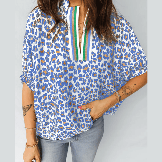 Brea Blue Leopard Color Block Contrast Striped V Neck Half Sleeve Loose Fit Blouse