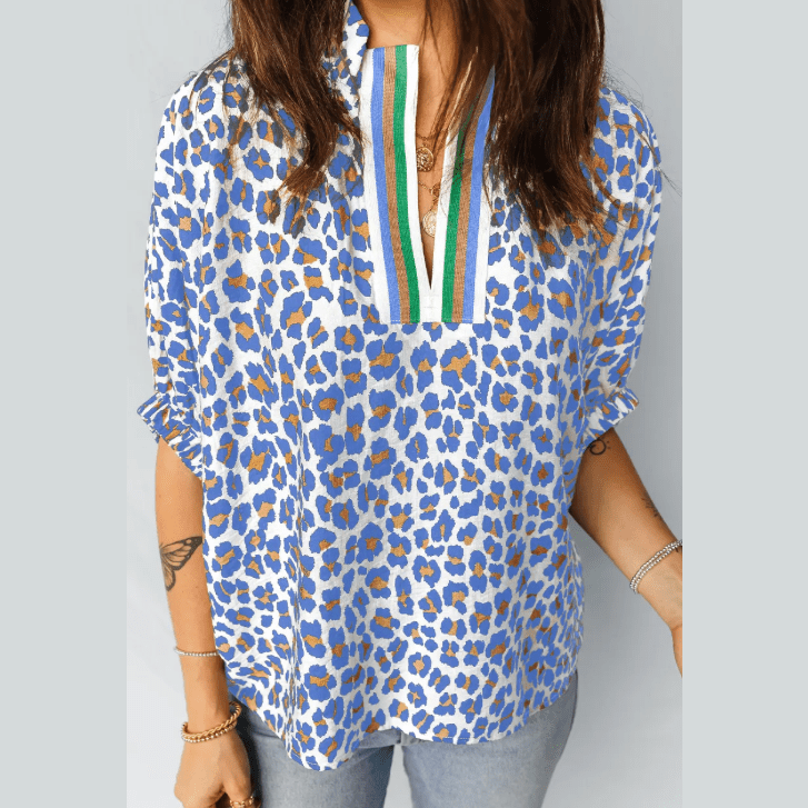 Brea Blue Leopard Color Block Contrast Striped V Neck Half Sleeve Loose Fit Blouse