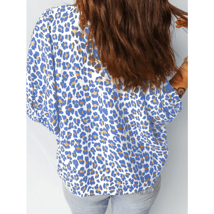 Brea Blue Leopard Color Block Contrast Striped V Neck Half Sleeve Loose Fit Blouse