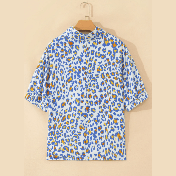 Brea Blue Leopard Color Block Contrast Striped V Neck Half Sleeve Loose Fit Blouse