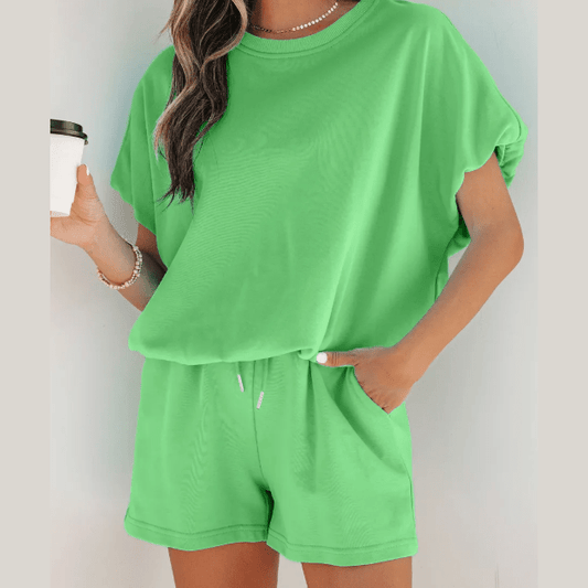 Hadlee Green Puffy Loose Top Drawstring Shorts 2pcs Outfit