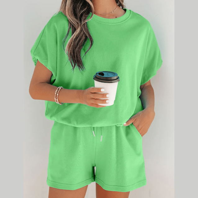 Hadlee Green Puffy Loose Top Drawstring Shorts 2pcs Outfit