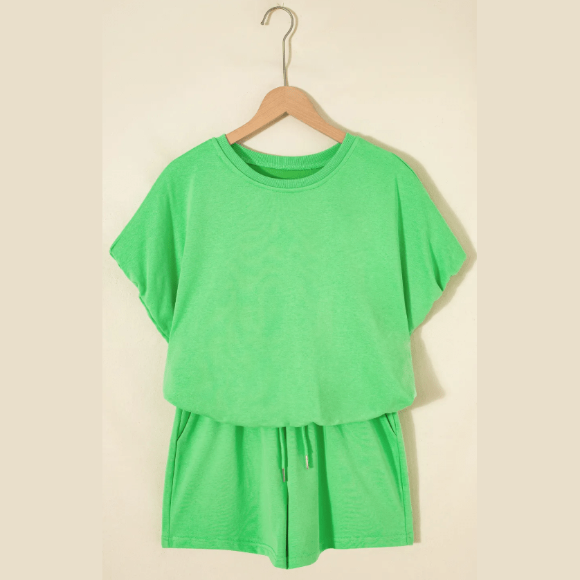 Hadlee Green Puffy Loose Top Drawstring Shorts 2pcs Outfit