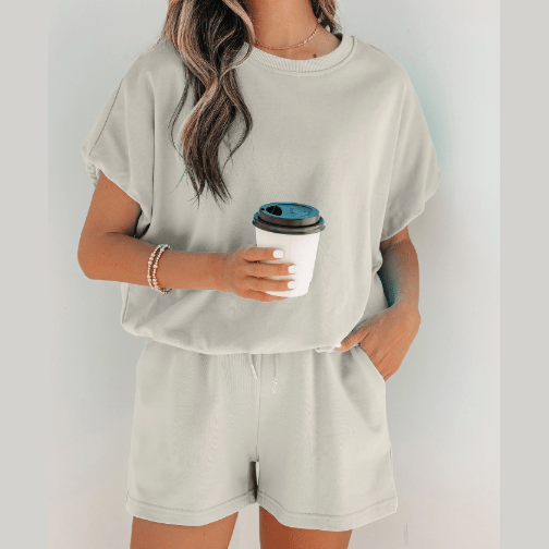 Hadlee Grey Puffy Loose Top Drawstring Shorts 2pcs Outfit