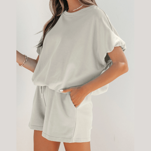 Hadlee Grey Puffy Loose Top Drawstring Shorts 2pcs Outfit