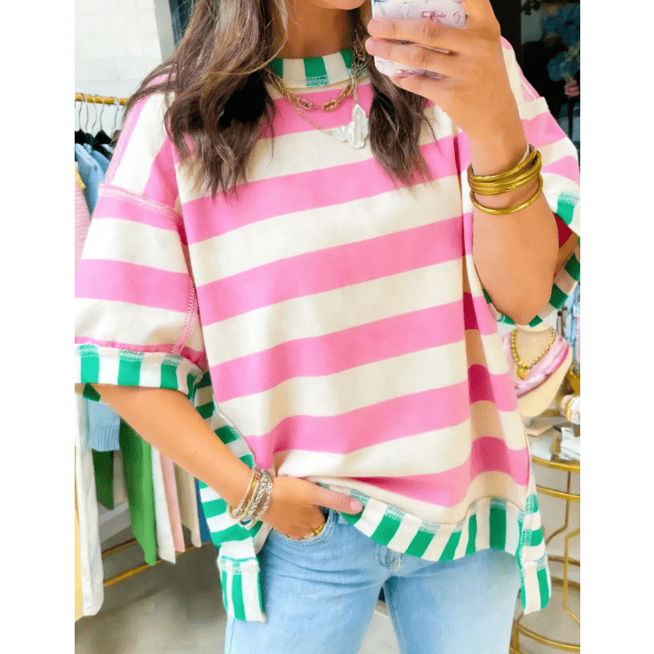 Skylyn Pink Stripe Exposed Seam Contrast Patchwork Oversized Top