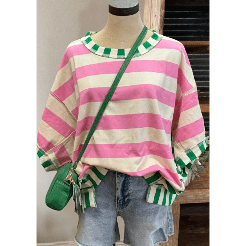 Skylyn Pink Stripe Exposed Seam Contrast Patchwork Oversized Top