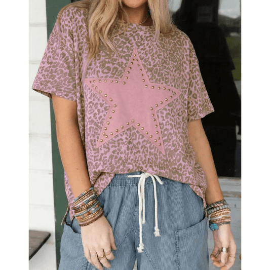 Soph Pink Leopard Retro Studded Star Patch Loose Tee