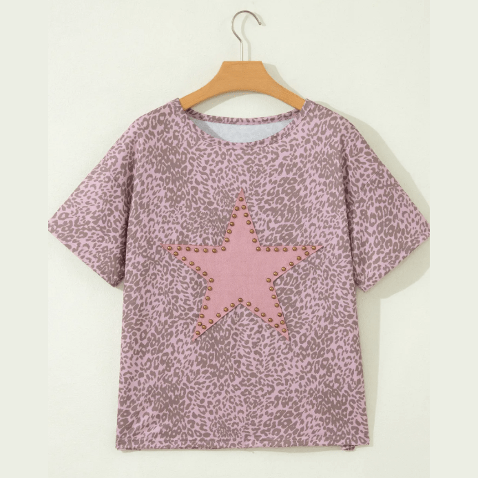 Soph Pink Leopard Retro Studded Star Patch Loose Tee