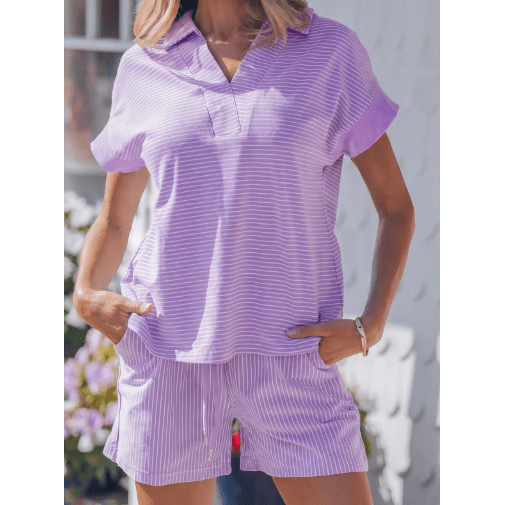 Ashlynn Purple Stripe Dolman Sleeve Polo Shirt and Drawstring Shorts Set