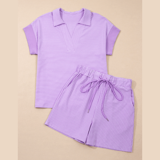 Ashlynn Purple Stripe Dolman Sleeve Polo Shirt and Drawstring Shorts Set