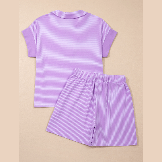 Ashlynn Purple Stripe Dolman Sleeve Polo Shirt and Drawstring Shorts Set
