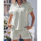 Ashlynn Khaki Stripe Dolman Sleeve Polo Shirt and Drawstring Shorts Set