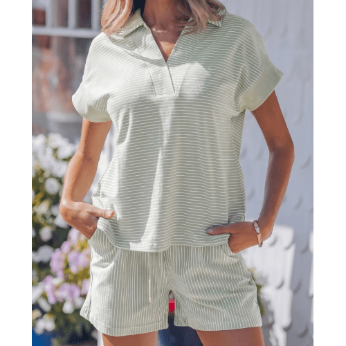 Ashlynn Khaki Stripe Dolman Sleeve Polo Shirt and Drawstring Shorts Set