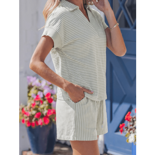 Ashlynn Khaki Stripe Dolman Sleeve Polo Shirt and Drawstring Shorts Set