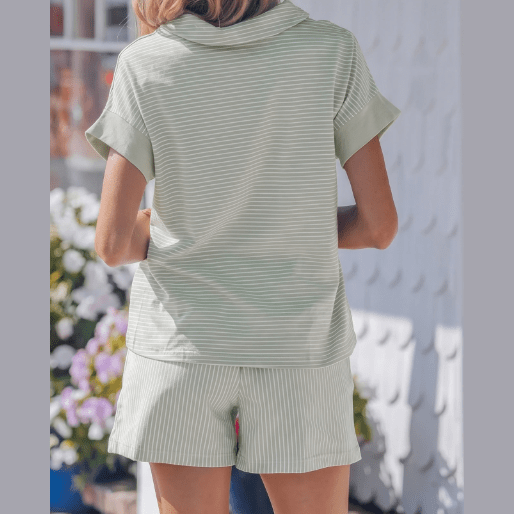 Ashlynn Khaki Stripe Dolman Sleeve Polo Shirt and Drawstring Shorts Set