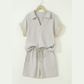 Ashlynn Khaki Stripe Dolman Sleeve Polo Shirt and Drawstring Shorts Set