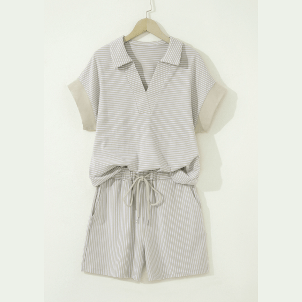 Ashlynn Khaki Stripe Dolman Sleeve Polo Shirt and Drawstring Shorts Set