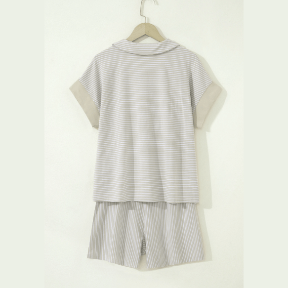 Ashlynn Khaki Stripe Dolman Sleeve Polo Shirt and Drawstring Shorts Set