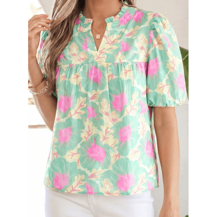 Tallis Green Short Bubble Sleeve Summer Floral Blouse