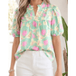 Tallis Green Short Bubble Sleeve Summer Floral Blouse