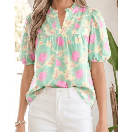 Tallis Green Short Bubble Sleeve Summer Floral Blouse