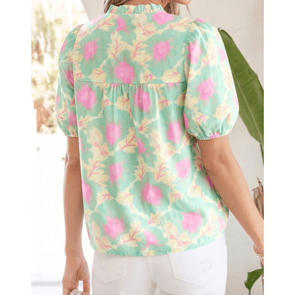 Tallis Green Short Bubble Sleeve Summer Floral Blouse