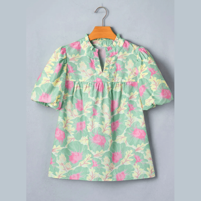 Tallis Green Short Bubble Sleeve Summer Floral Blouse