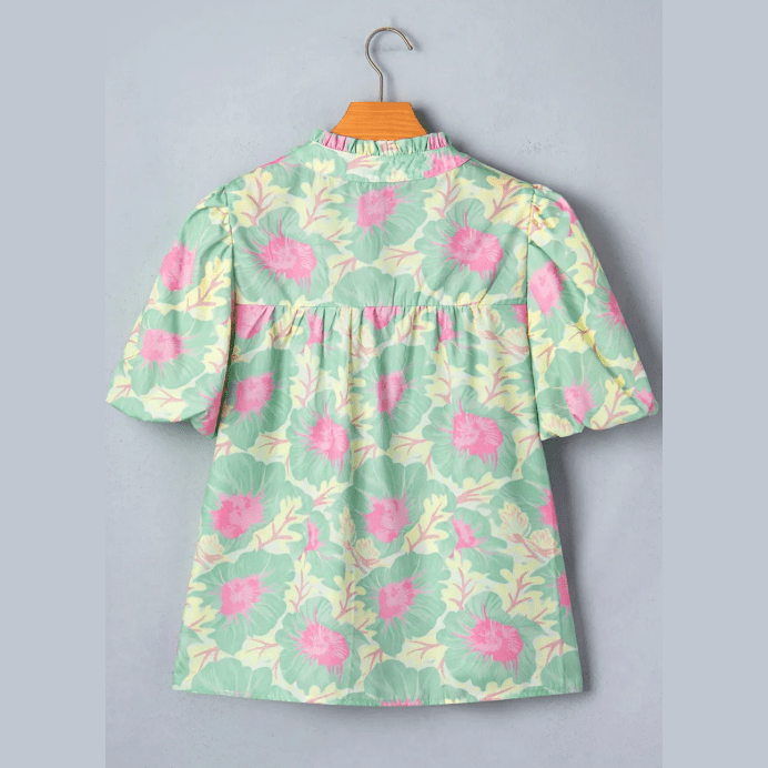 Tallis Green Short Bubble Sleeve Summer Floral Blouse