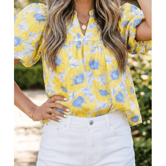 Tallis Yellow Short Bubble Sleeve Summer Floral Blouse