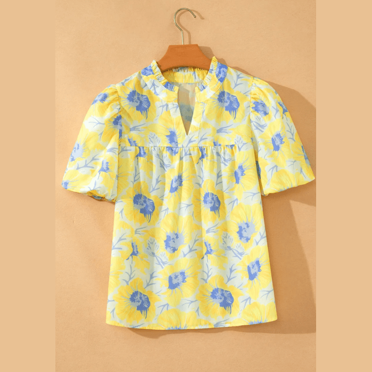 Tallis Yellow Short Bubble Sleeve Summer Floral Blouse