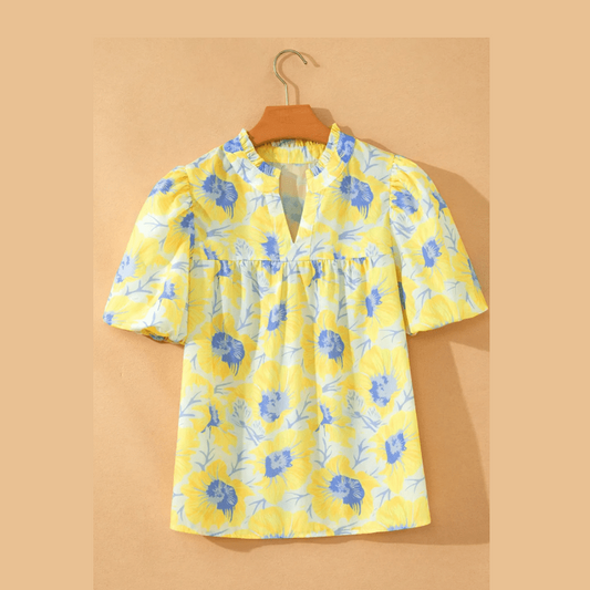 Tallis Yellow Short Bubble Sleeve Summer Floral Blouse