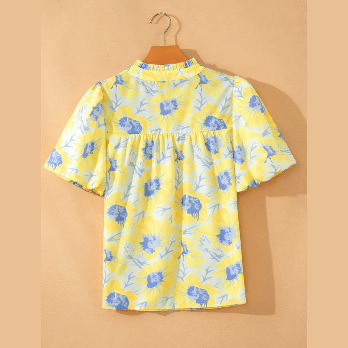 Tallis Yellow Short Bubble Sleeve Summer Floral Blouse