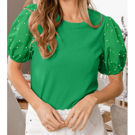 Delaney Green Ribbed Pearl Beaded Puff Sleeve Top