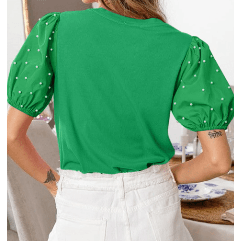 Delaney Green Ribbed Pearl Beaded Puff Sleeve Top