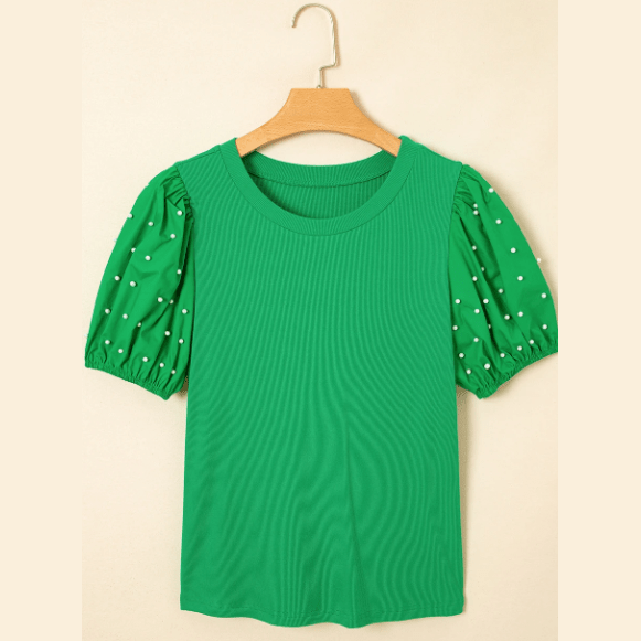 Delaney Green Ribbed Pearl Beaded Puff Sleeve Top