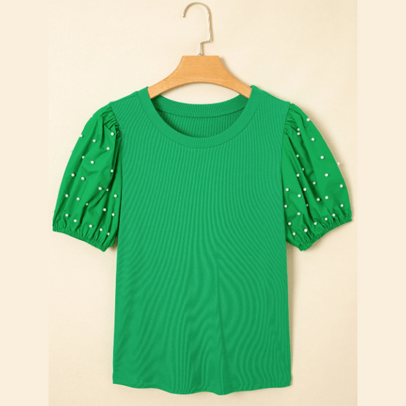 Delaney Green Ribbed Pearl Beaded Puff Sleeve Top