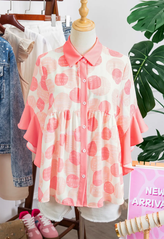Mallory Pink Double Polka Dot Printed Ruffle Trim Short Sleeve Babydoll Shirt