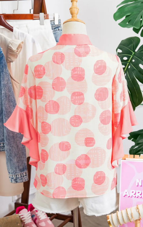 Mallory Pink Double Polka Dot Printed Ruffle Trim Short Sleeve Babydoll Shirt