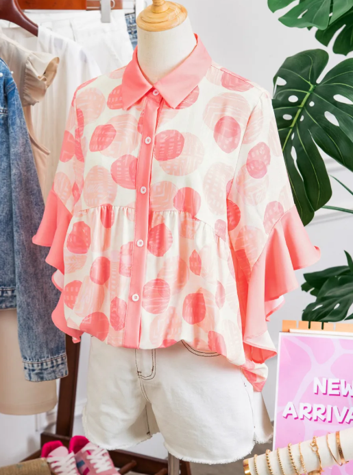 Mallory Pink Double Polka Dot Printed Ruffle Trim Short Sleeve Babydoll Shirt