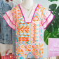 Aubrey Boho Mixed Print Contrast Trim Striped Patchwork Tiered Short Sleeve Blouse