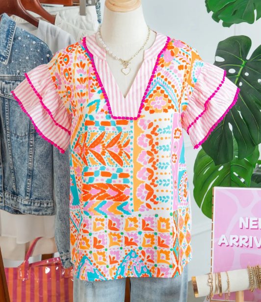 Aubrey Boho Mixed Print Contrast Trim Striped Patchwork Tiered Short Sleeve Blouse