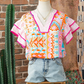 Aubrey Boho Mixed Print Contrast Trim Striped Patchwork Tiered Short Sleeve Blouse